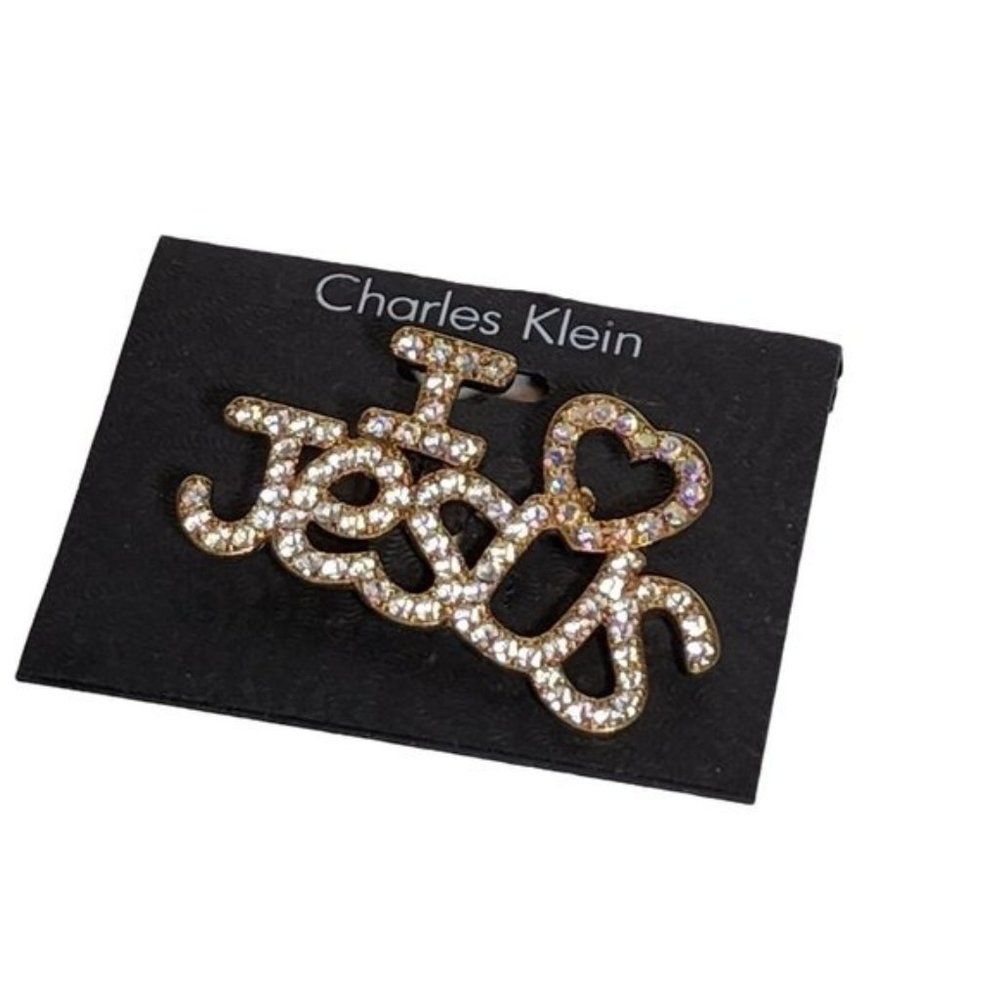 Charles Klein Brooch Pin Gold Tone‎ I Love Jesus Rhinestone Letters Religion